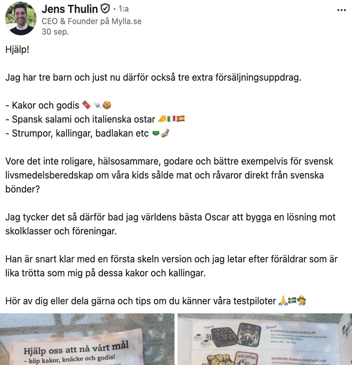 Jens Thulins inlägg om skolförsäljning med mat från svenska bönder