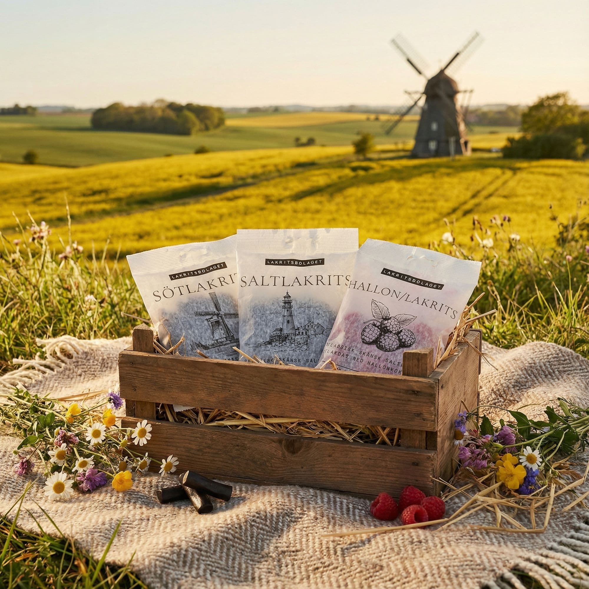 lakrits på en äng framför en mölla