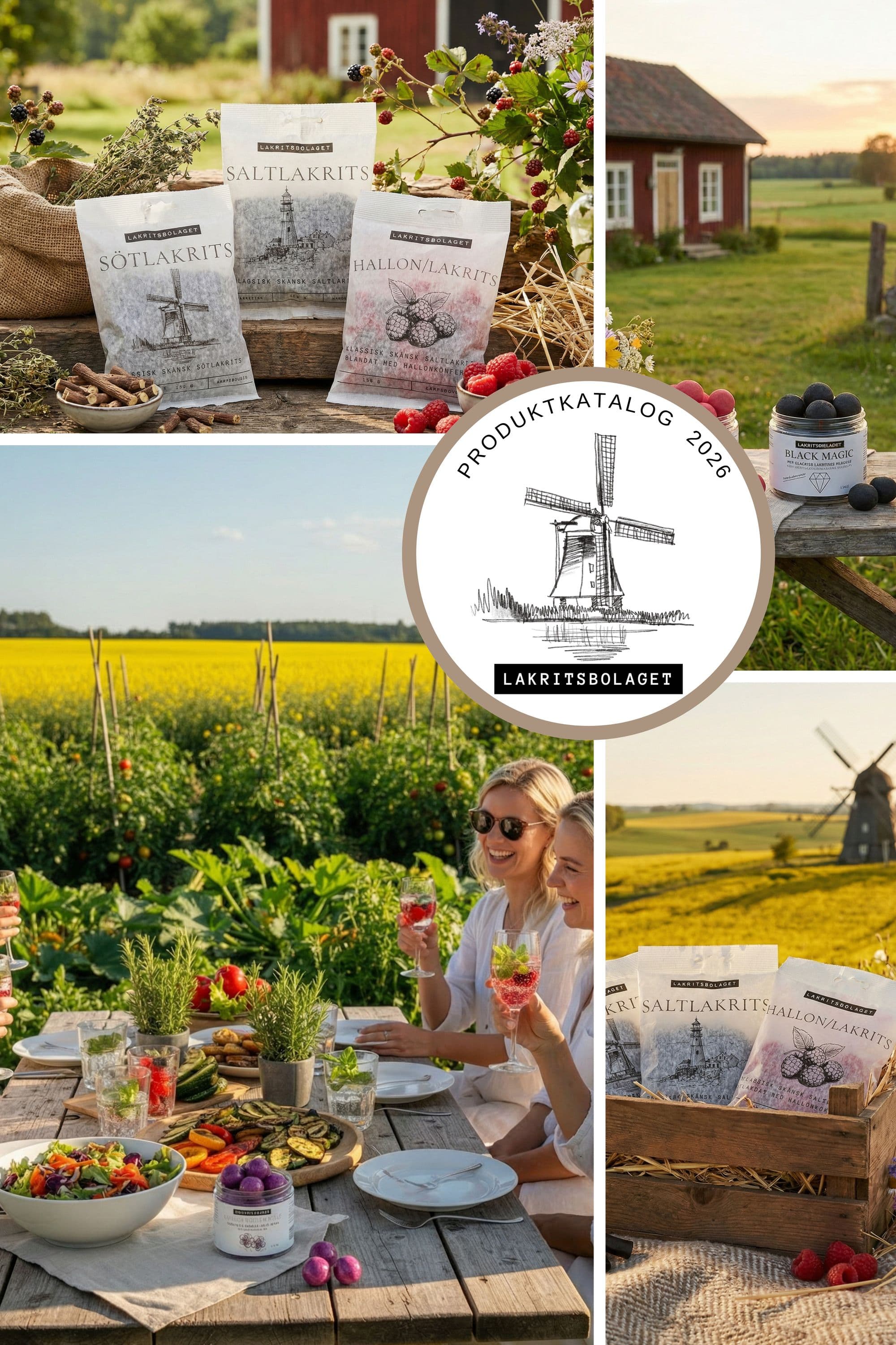 Lakrits på en sommarfest med en mölla och äng i bakgrunden 