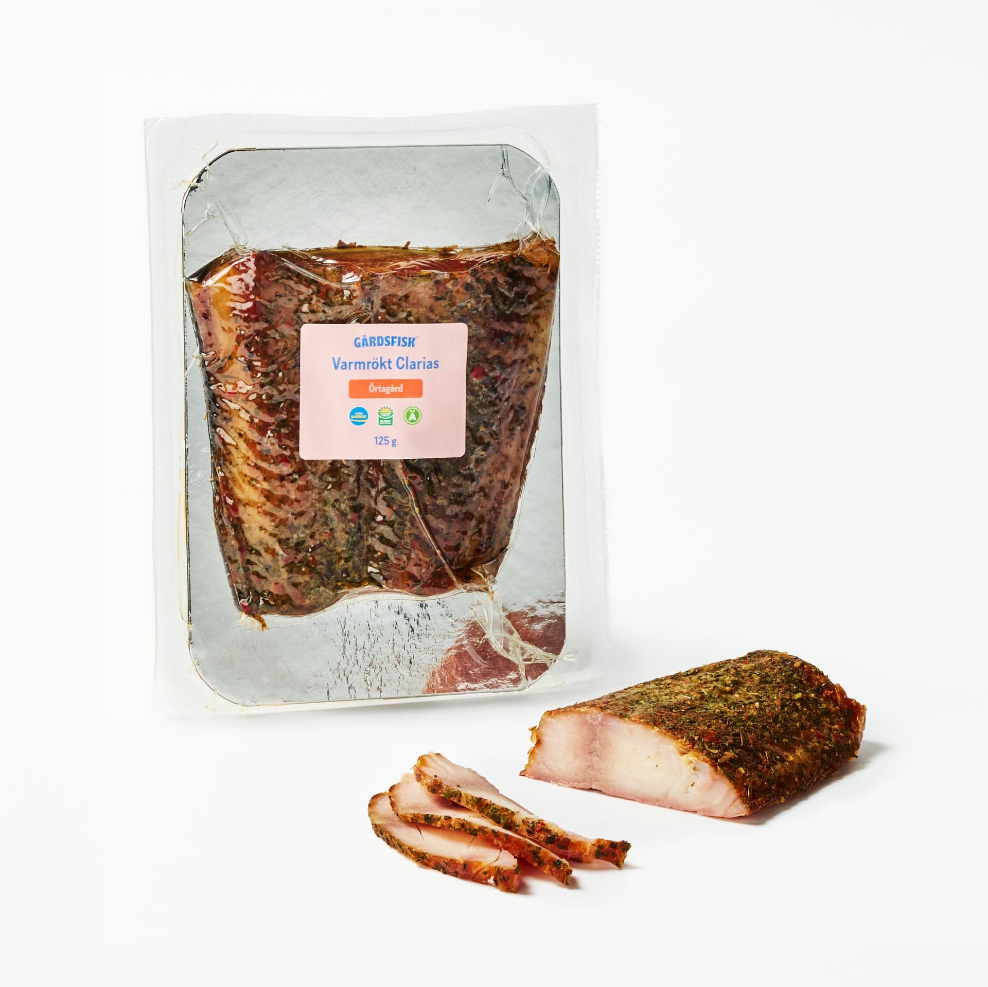 Varmrökt Gårdsclarias - Örtagårdskryddad 125g (FRYST).